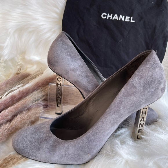 CHANEL Shoes - CHANEL - Vintage Karl Lagerfeld Grey Suede Metal “CHANEL” laser cut Stiletto